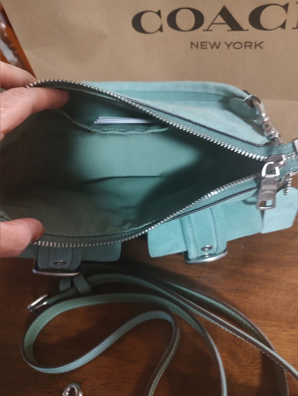 COACH Ashton Mint Green Suede Shoulder Bag with Front Buckle Pockets